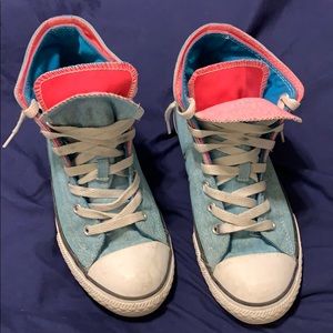 Light Blue and hot pink High Top Converse